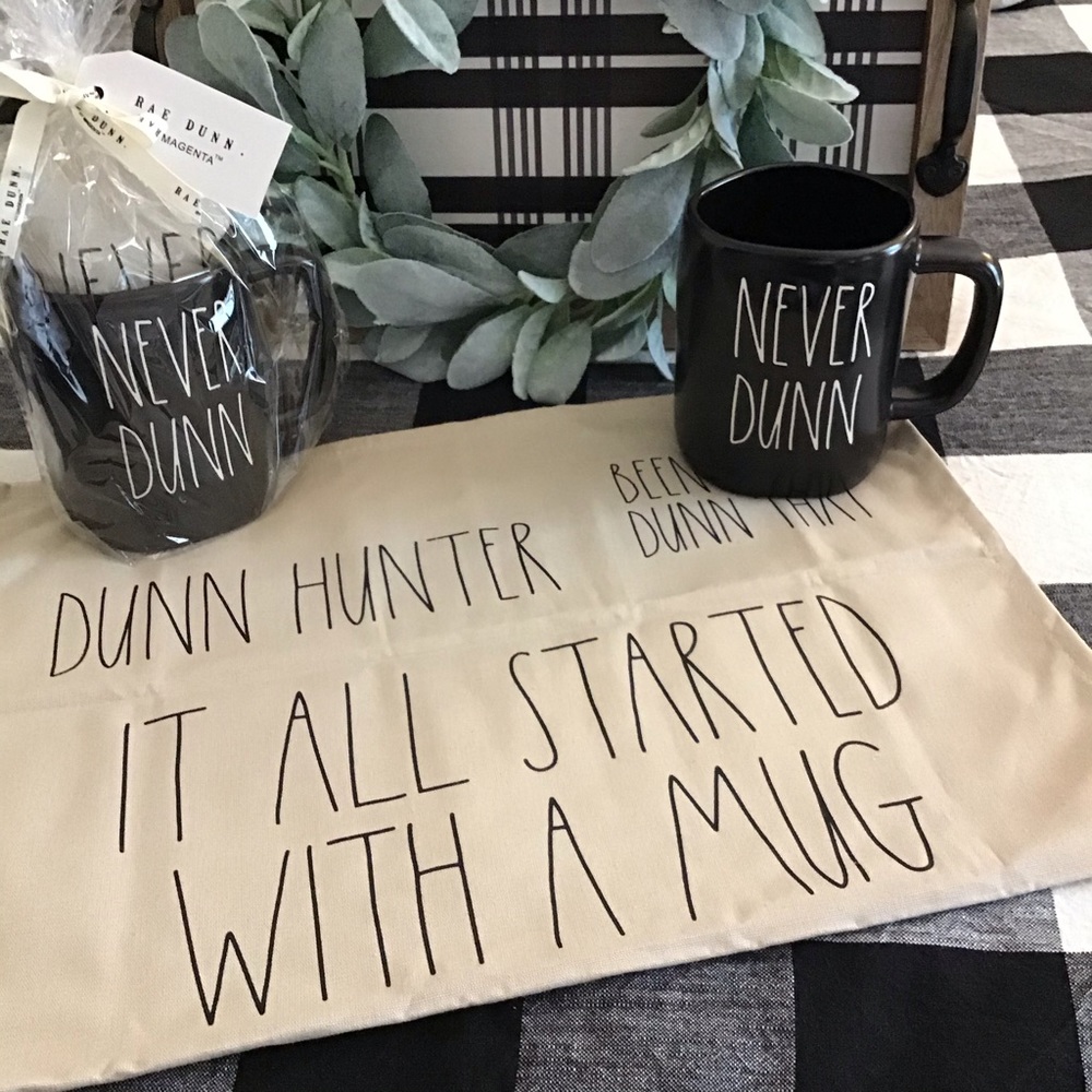 NWT🖤☕️Rae Dunn “Never Dunn” Black Mug & Tea Towel - Picture 3 of 10